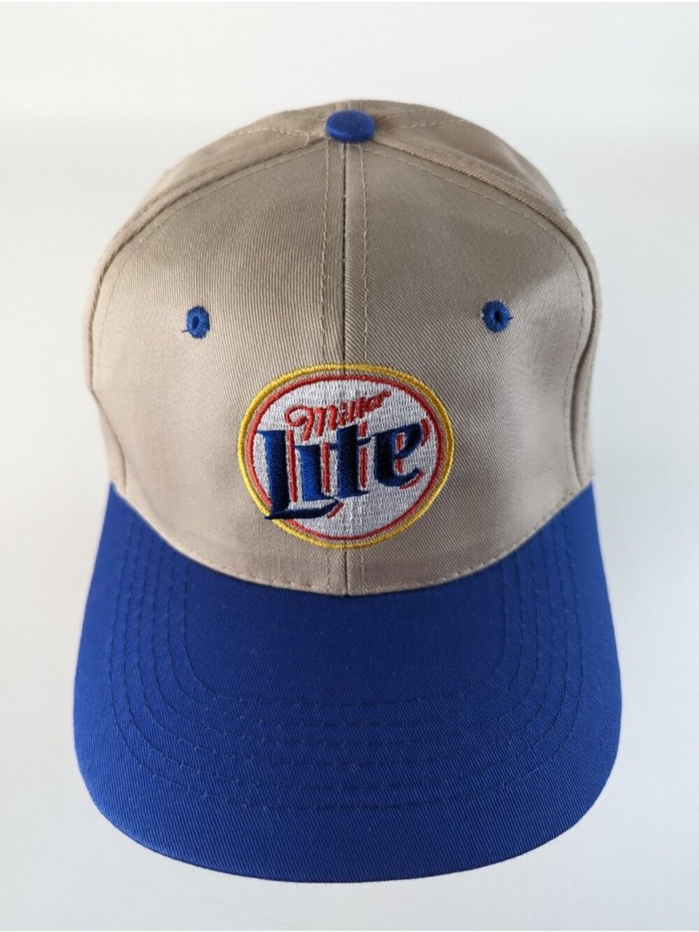 Miller Lite Beer Snapback Hat Tan Blue Adjustable Baseball Cap EUC